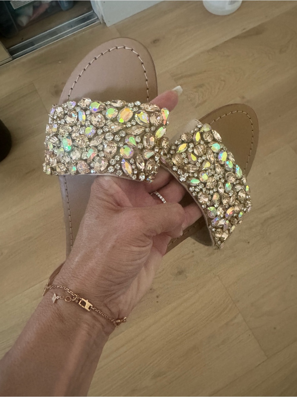 Bejeweled Nude Slide Sandals with Iridescent Stones